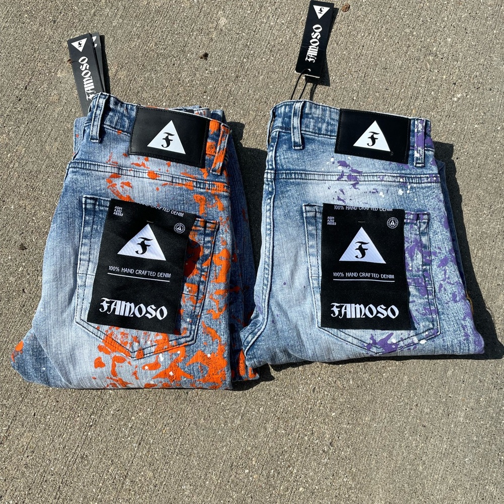 Straight Leg Jeans - Blue with Orange and Purple Accents
W29 L32